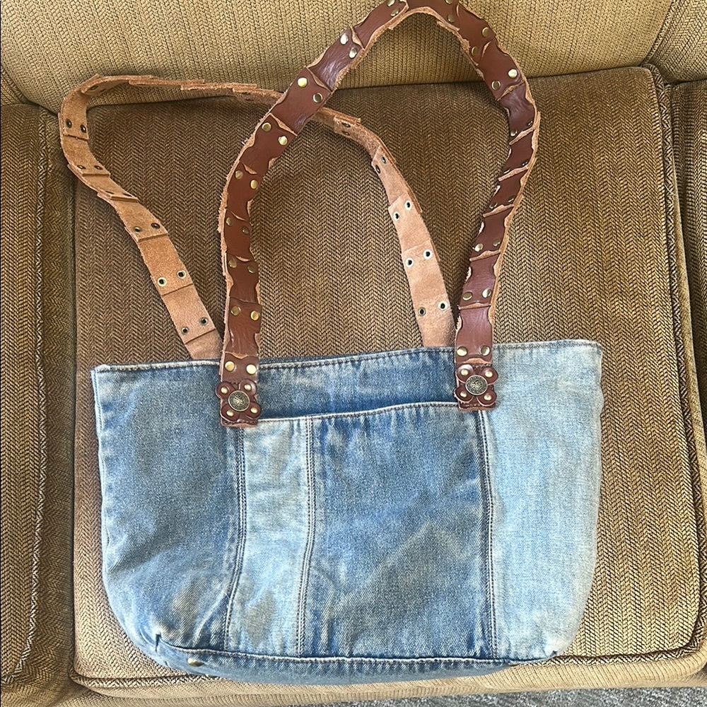Patricia Nash Blue and Brown Denim Tote Bag